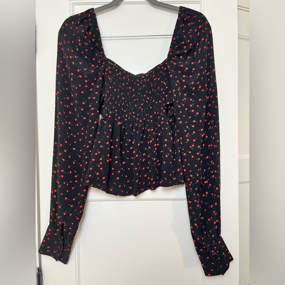 Free People Cherry Print Long Sleeve Ruched Front Top- Medium - Picture 3 of 5